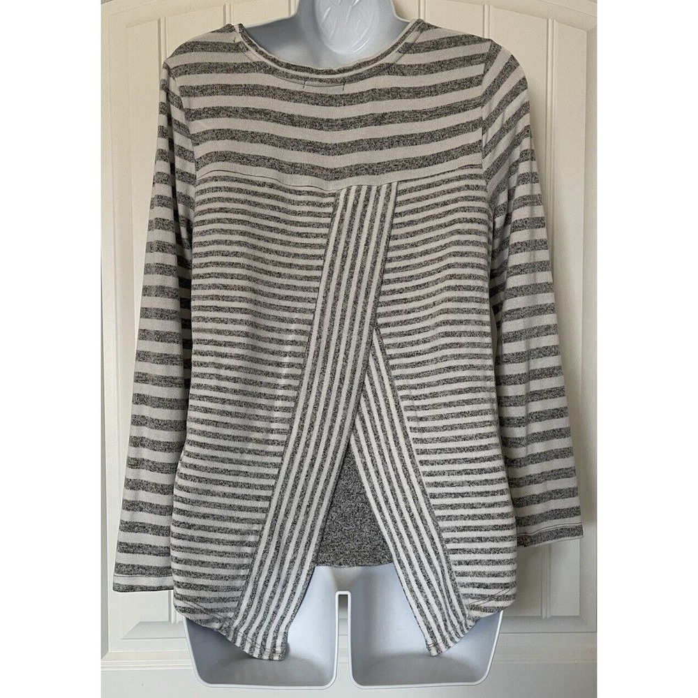 Verve Ami Womens Small Gray Striped Long Sleeve Asymmetrical Very Soft Top Shirt
